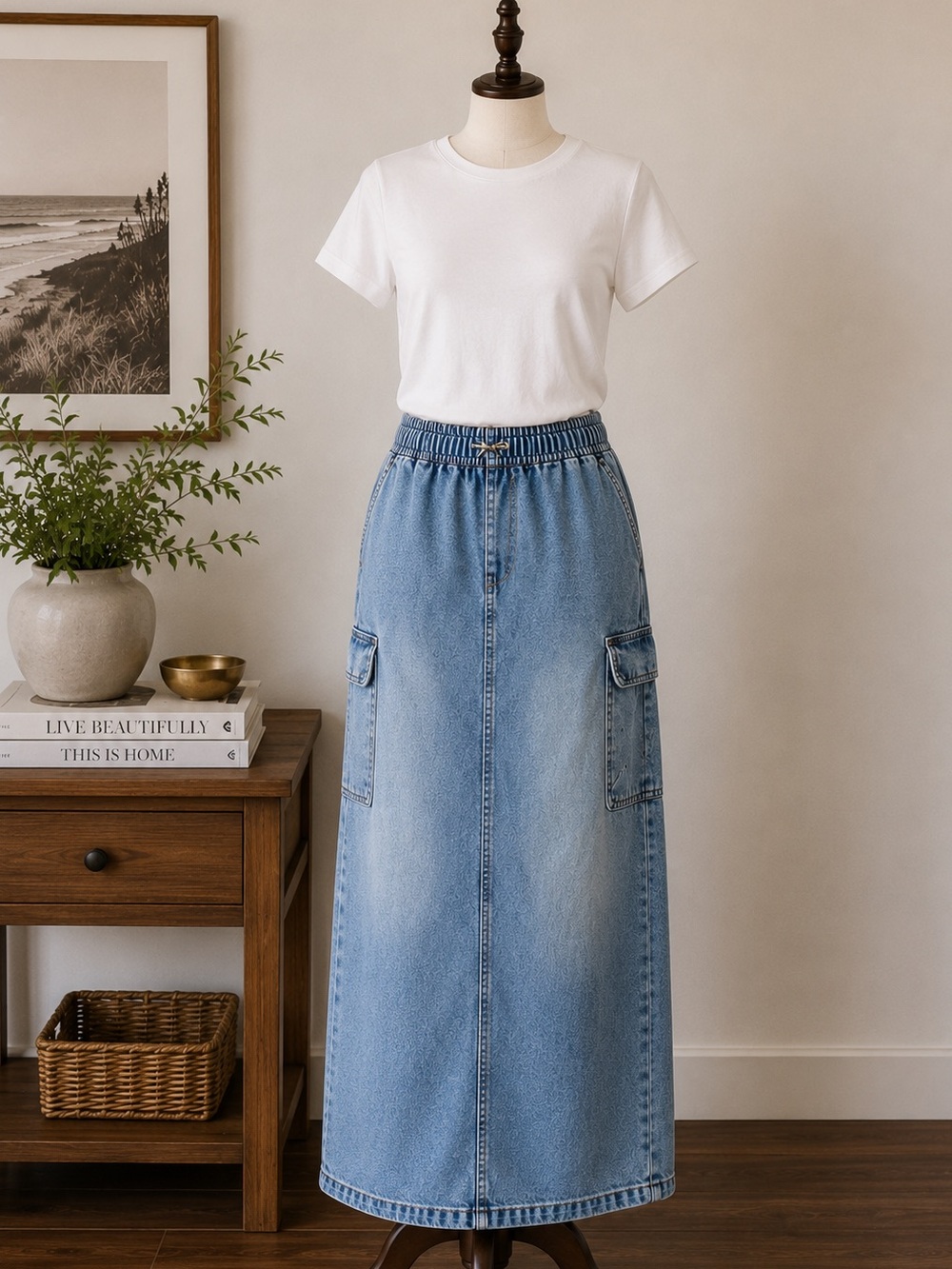 RE Generation Y2K Inspired Denim Maxi Skirt Utility Cargo Light Wash XS/S